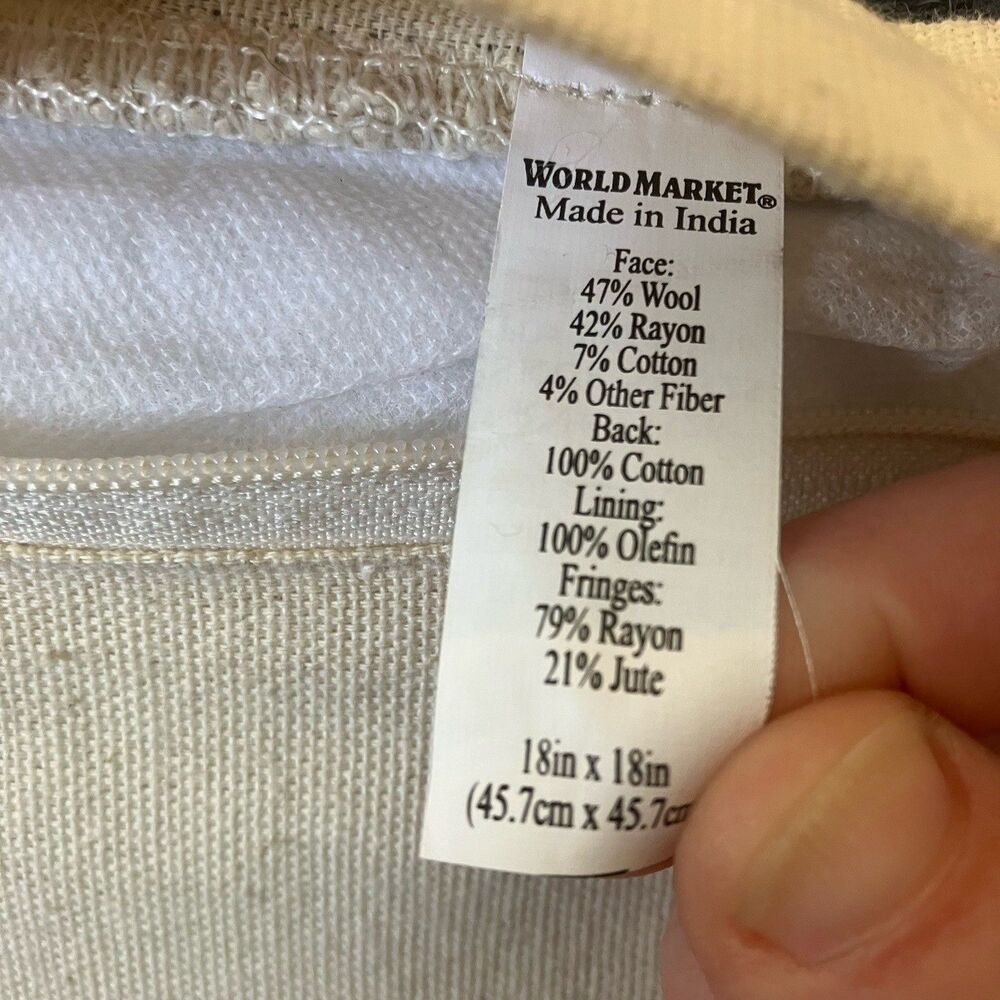 World Market Fringe Pillow Wool Cotton Boho Neutral Blue Pink Tan Braided Hippie - Picture 6 of 9